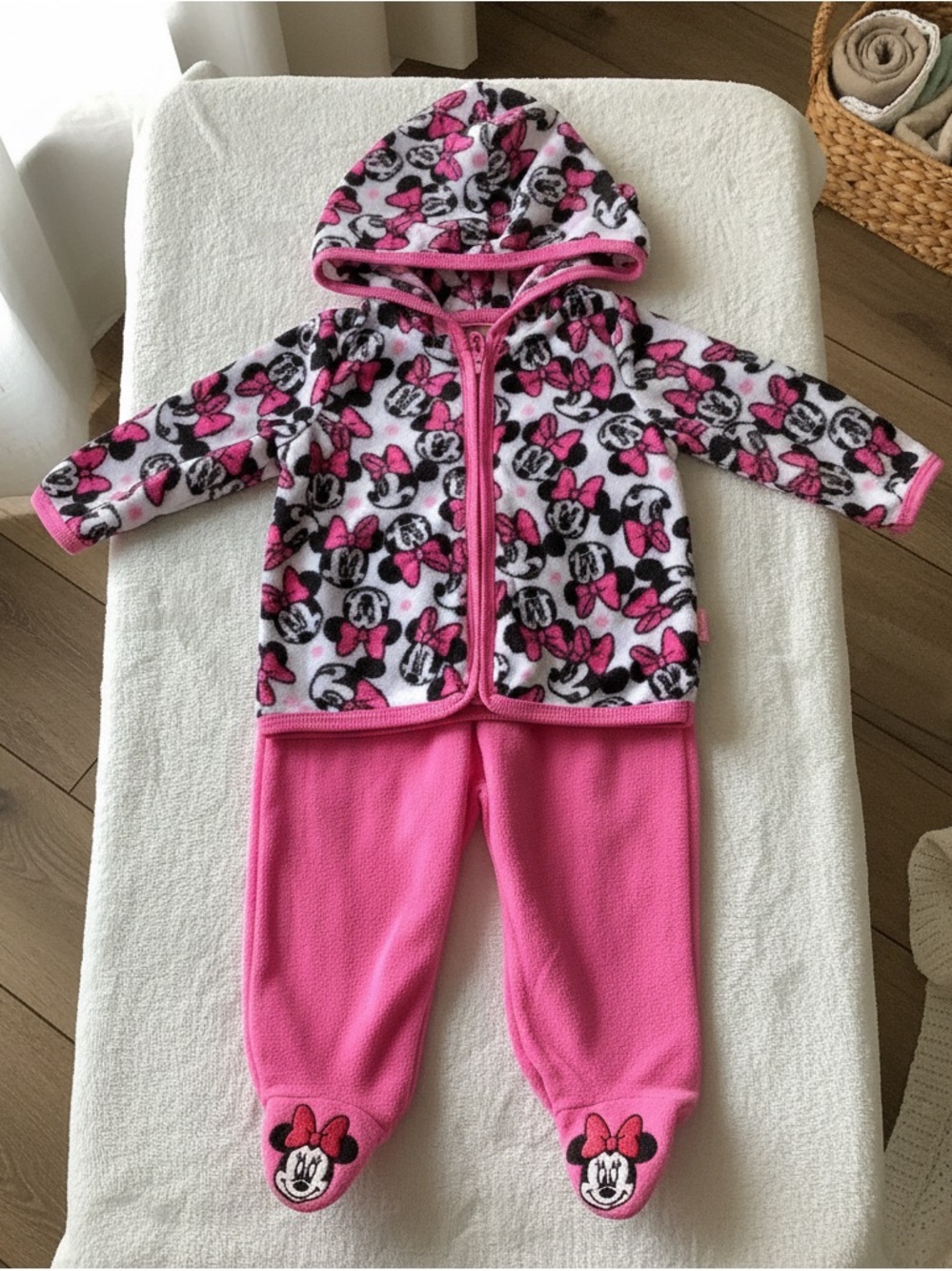 Disney Baby ~ Minnie Mouse Baby Girls Pajama Set Hooded Top Footie Bottom